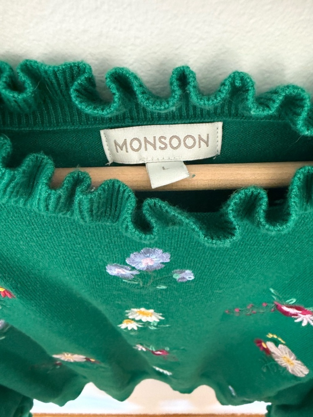 Monsoon Emerald Green Floral Ruffle Neck Jumper